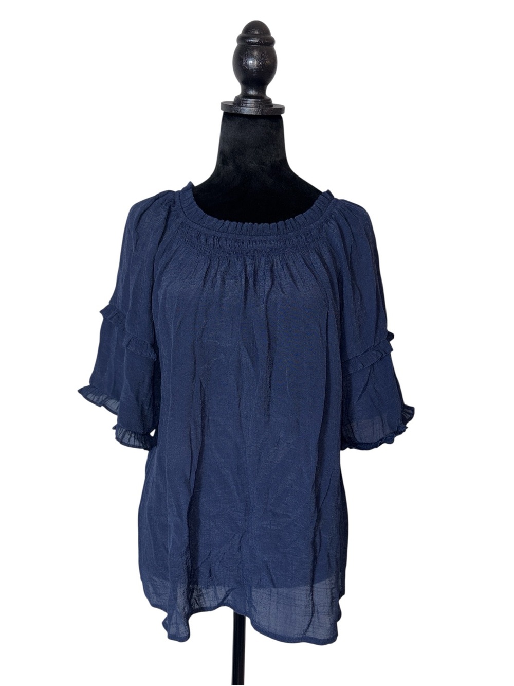 Nanette Lepore Navy Blue Ruffled Elbow Length Sleeve Smocked Neck Blouse Size XL
